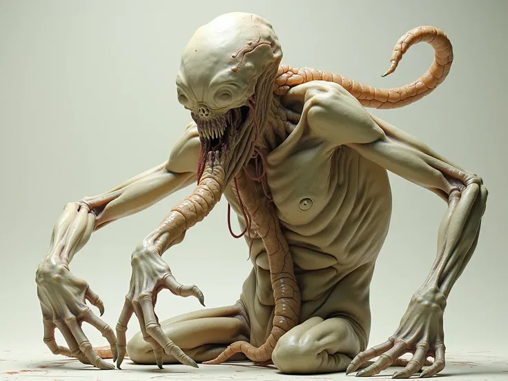 A grotesque figure with thin, elongated arms, stretching unnaturally, writhing like tentacles. Your joints bend the wrong way, with stretched skin ready to tear. The hands have excessively long and thin fingers with sharp claws. Its pale, translucent skin ...