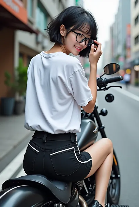 Beautiful Asian woman, 18 years 
 
A cute Japanese girl with short black hair, fair skin, wear glasses, wearing an oversized white T-shirt show, Black shorts with white trim on the sides,wear black sneaker,both of hands grip on the temple of the glasses ,S...