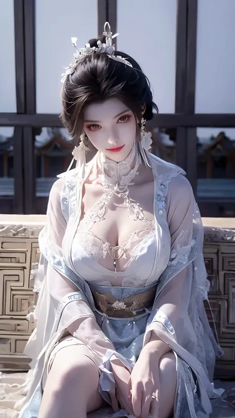 Room, A beautiful ancient Chinese woman,Bangs, very long hair , headgear,Smile with her mouth closed , wearing ancient Chinese lingerie ,Big breasts,looming,sideways,sit on a bench,, watching people 