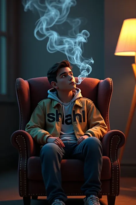 Create Realistic Sitting on Wingbake chair jacket that says “SHAH” Smoking with cigarette create a 3d image of teenager wearing a White smoke artistically forming a name

