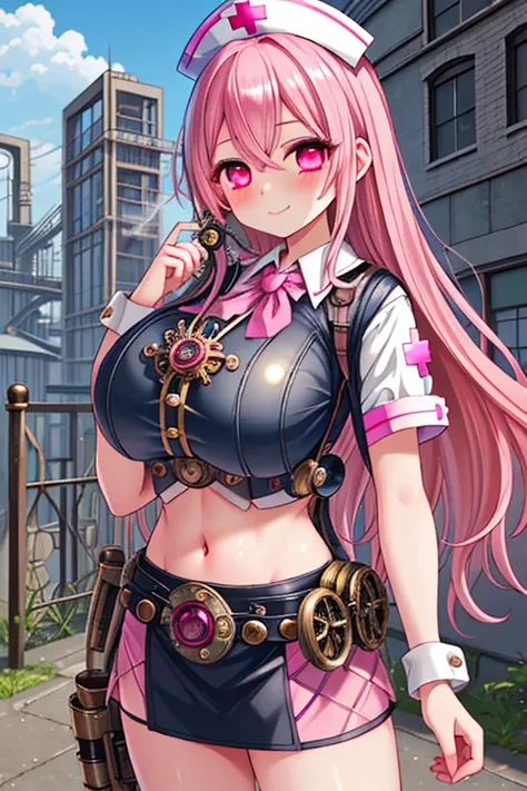 1girl, best quality, looking at viewer, kawaii, shiny skin, shiny clothes, (steampunk, nurse, midriff:1.2), navel, bare stomach, monocle, gear ornament, huge breasts, long hair, pink hair, wavy hair, pink eyes, smile, blush, closed mouth, steam city, outdo...