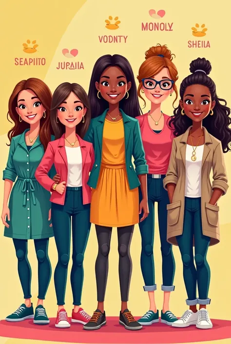  Help me make a cartoon image with a background . 

7 s ,  with teacher clothes.
 Put the name on top of each one 
1 - Rafaela :  Long brown hair ,  dress and smile 
2- Ivonety :,  low blouse and leggings and brown hair
3- Michele:  with brown hair with bl...