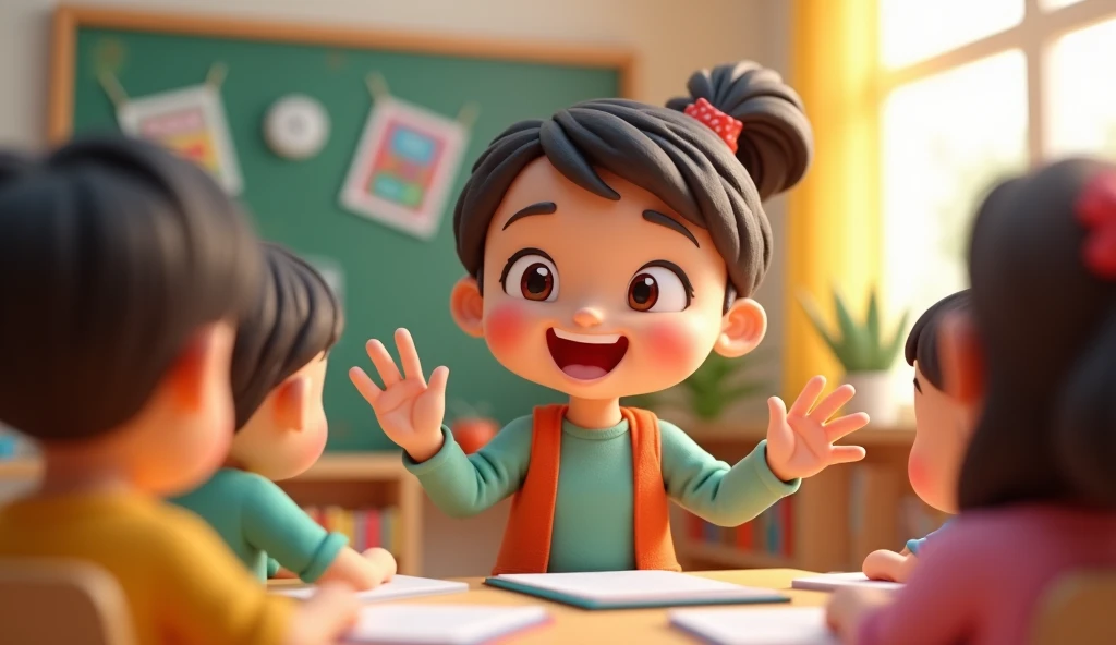  creates a picture of a teacher standing in the classroom introducing the warm-up game, happy look , phấn khởi, handy , Legged , eyes, nose and mouth,  chibi style 3d