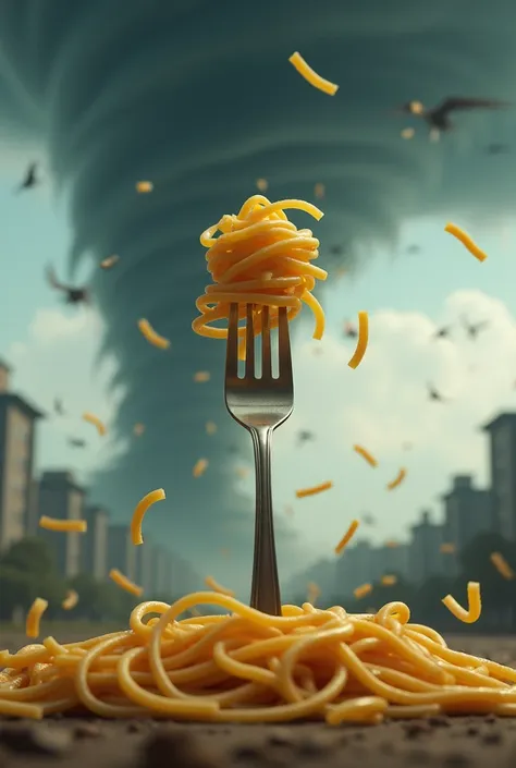 give me a picture with a fork of spaghetti in front of the tornado