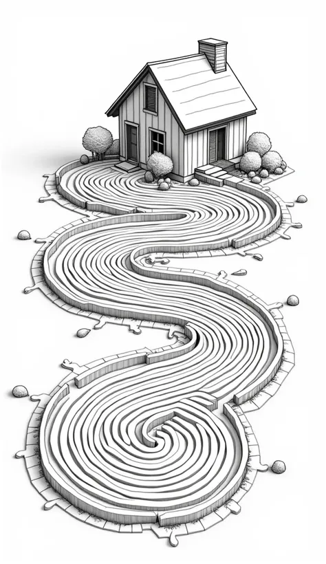 "Design a maze that starts at a house and ends in a garden, illustrated in black-and-white outlines."