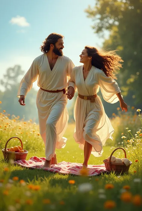 jesus Cristo está correndo alegremente em um campo verdejante, Alongside a  who laughs with enthusiasm . ambos estão no meio de um piquenique descontraído, but now they run together across the lawn, playing and celebrating the joy of the moment. jesus, wit...