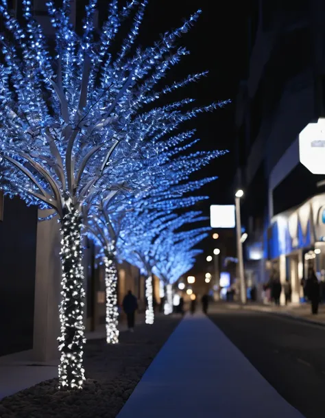 minimalist, close up, white christmas ,realistic  blue and white christmas tree street lights suspended in a busy street, stranger things, floating exterior bio organic CHRISTMAS installation, other dimension, other universe, abstract, desert installation,...