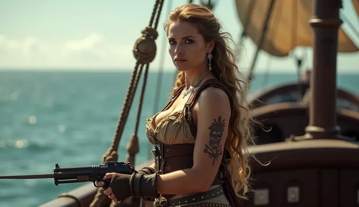 Elizabeth Swann, character from the movie Pirates of the Caribbean, in her characters clothes, on top of a pirate ship, medium breasts, big butt, sensuality, fit body, six-pack abs, sensuality, with a sword in her hand and a pirate tattoo on her arm, with ...