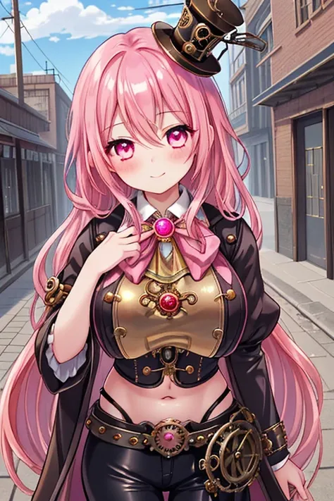 1girl, best quality, looking at viewer, kawaii, shiny skin, shiny clothes, (steampunk, queen, midriff:1.2), navel, bare stomach, monocle, gear ornament, huge breasts, long hair, pink hair, wavy hair, pink eyes, smile, blush, closed mouth, steam city, outdo...