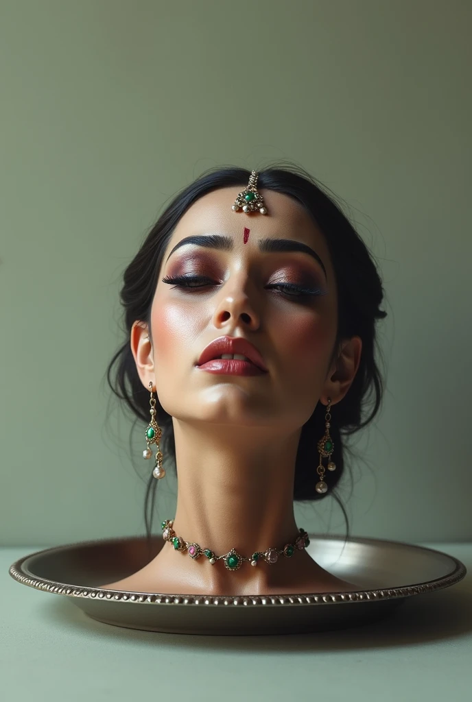 ((Indian Bride Disembodied head with beautiful face wearing makeup)), severed head on platter, looking away from camera, eye closed, frown, extremely detailed skin texture, best quality, natural light