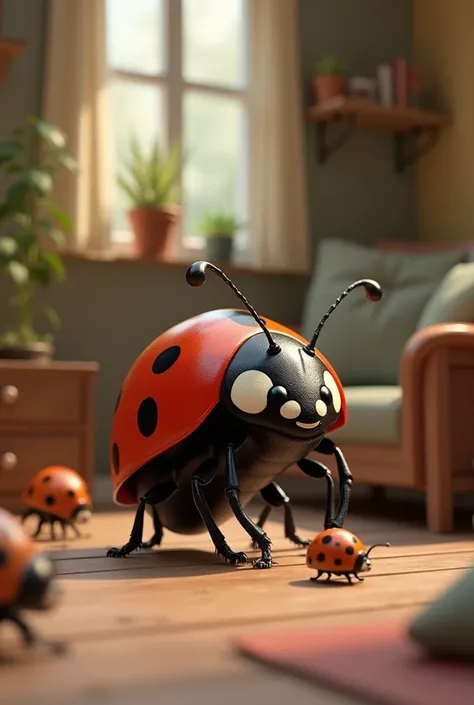 A Ladybug as the father of a family who returns home to a human house