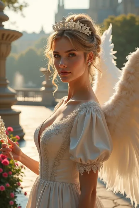 Design a holy angelic female character inspired by 18th-century France. She wears a luxurious white gown with silver embroidery and layers of lace, symbolizing purity and divinity. Her delicate wings are feathered in soft pastel hues. Her golden hair is st...