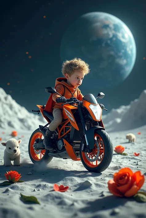 A little prince riding a KTM motorcycle on the moon, along with a rose and a lamb with an amazingly beautiful sky
