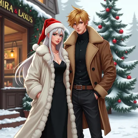 Realistic: A long white  haired lady with bangs , medium body built, in her mid 20s l. Wearing Black long dress with furry white coat and santa hat and a yello haired guy, wearing Black shirt and brown furry coat on his shoulder. In front of a store with a...