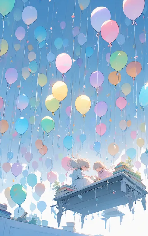 "A Room Floating with Balloons"
A whimsical scene of a room where countless colorful balloons are tied to the ceiling, lifting small furniture like a desk and chair into the air. A girl sits at the floating desk, writing in her journal while surrounded by ...