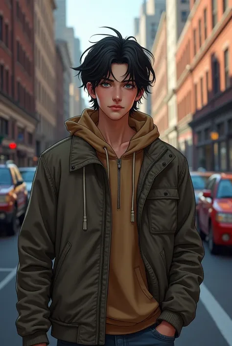 2000s American style, man with little long medium length black hair, grey eyes, big shot in the American school, in the new York location, pale, 18 years old, American boy, rich boy