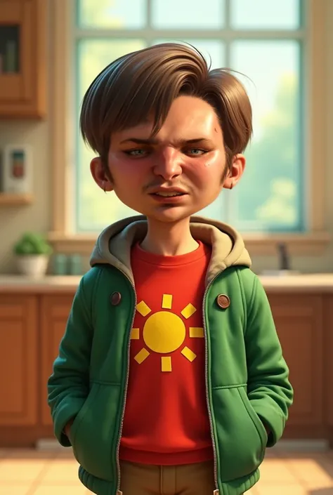 A small man whit short brown hair a green jacket and a red short whit a image of a yellow sun on top