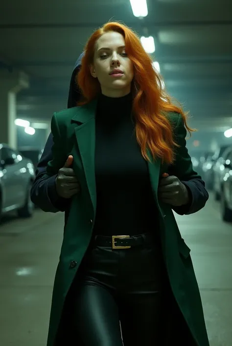 Scarlet johansson wearing black pants and black t-shirt from wool to her neck with green business jacket long orange hair a hooded man dragged her from her Armpits in dark parking lot eyes closed