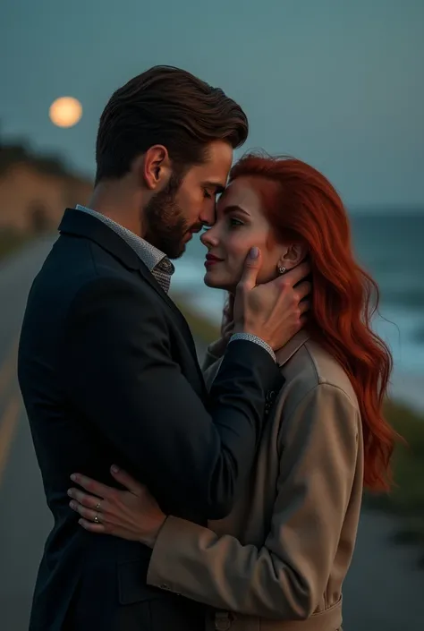 elegant man, inviting,  with their beards trimmed they are on a promenade with a red-haired girl, green-eyed, attractive.  The man holds her face with love ,  the stage is on beautiful cliffs with the sea in the background . Its nighttime in Rhode Island ....