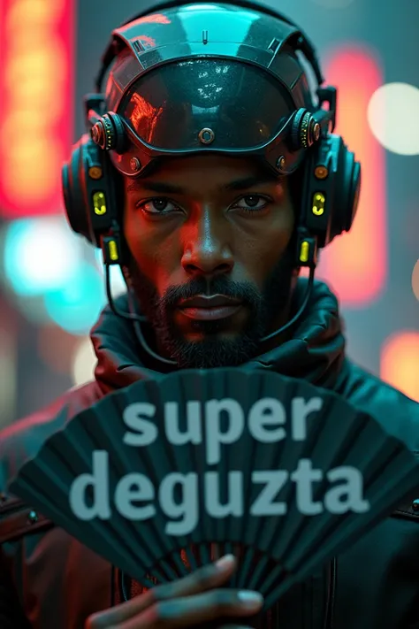 realistic,  professional photography , portrait of a african man as a cyber robot ,  with metallic BLACK trim with opaque orange and green details,  looks stunning ,  holding a fan with text  "Super DeGuzta  "   neon city in the background  , bokeh effect,...