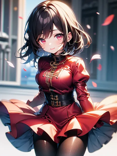 masterpiece, highest quality, highest quality, (no text), Beautiful and aesthetic:1.2),no text,anime、break,anime、break、 one girl、 Dark Haired Girl Short Hair 　 Slit Eyes Boyish 　adult　 beautiful eyes　red eyes, cool smile　 skirt　　 Black Coat　Full Body Outdo...