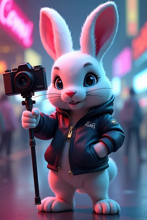 Help me generate a stylish internet celebrity rabbit mascot with a selfie stick and a camera hanging on it