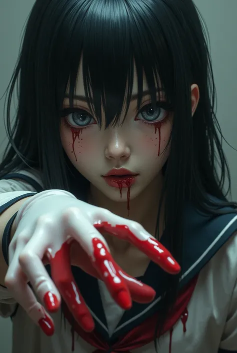 black hair, Blood around her lips 、High school girl with scary eyes,  Her school uniform was also covered with blood ,  she is wearing white latex gloves，Reach out to me