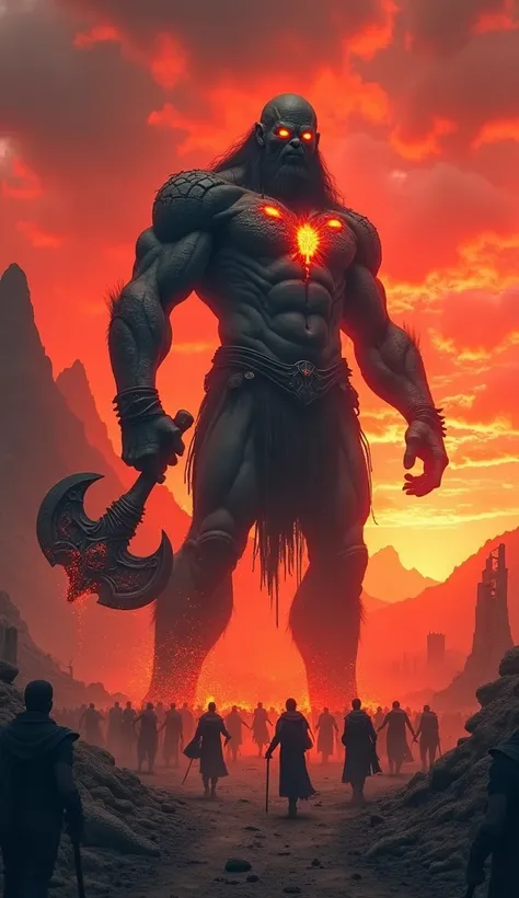 A post-apocalyptic landscape illuminated by a fiery red sky. A giant, over 10 meters tall, with stone-like dark skin, glowing eyes like molten lava, and mystical, incandescent markings on his arms and chest. He wields a giant axe forged from ancient bones ...