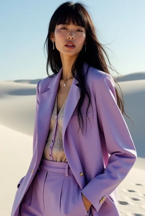 A photo of the model is wearing an oversized lilac blazer with tassels, purple high waisted straight leg pants and gold rings on her fingers. She has long black hair in bangs and posing at white sand dunes. The lighting style is soft and natural, with the ...