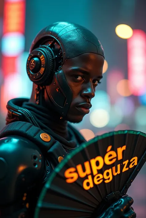 realistic,  professional photography , portrait of a african man as a cyber robot ,  with metallic BLACK trim with opaque orange and green details,  looks stunning ,  holding a fan with text  "Super DeGuzta  "   neon city in the background  , bokeh effect,...