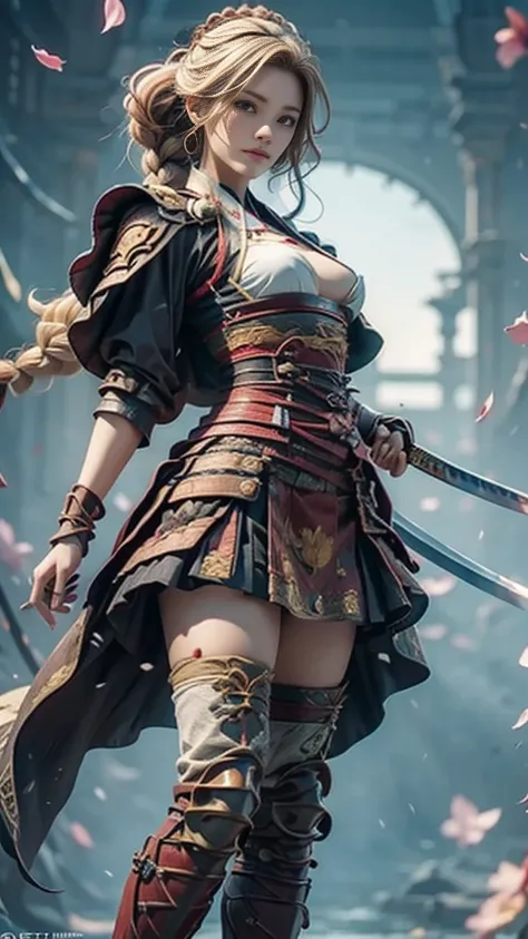 A sexy female character dressed as a warrior from the Warring States period、((Braided hair))、((Ash blonde hair))、((toned body))、 toned body、She has ample breasts and plump thighs、The chrysanthemum-colored armor engraved with chrysanthemum patterns is a bik...