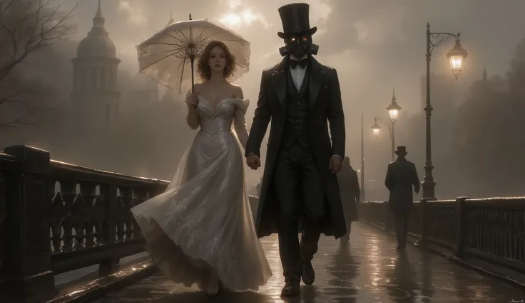 A Victorian-era couple walking on a foggy city bridge, the woman wearing an elegant lace-trimmed gown and holding a delicate parasol, while the man wears a formal suit, top hat, and a gas mask. The scene is set in a moody, vintage atmosphere, with muted to...