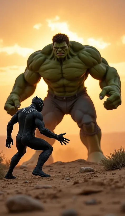 A cinematic depiction of Black Panther and Hulk locked in an intense standoff in the middle of an expansive desert. The cracked earth stretches endlessly, with jagged rocks and sparse vegetation scattered under the fiery hues of a setting sun. Black Panthe...