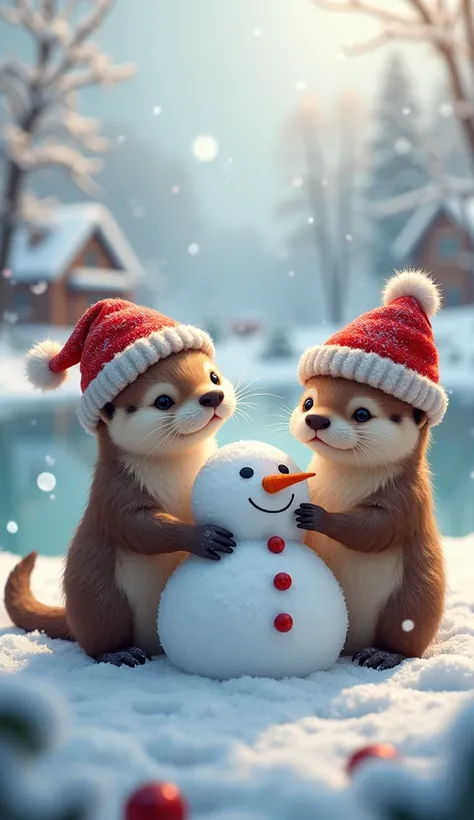 Otters Building a Snowman by a Snowy Pond: "Two otters, each wearing a red Christmas stocking cap with a pom-pom on top, are happily building a snowman by a frozen pond. One otter rolls a snowball, while the other places twigs for arms and a carrot for the...