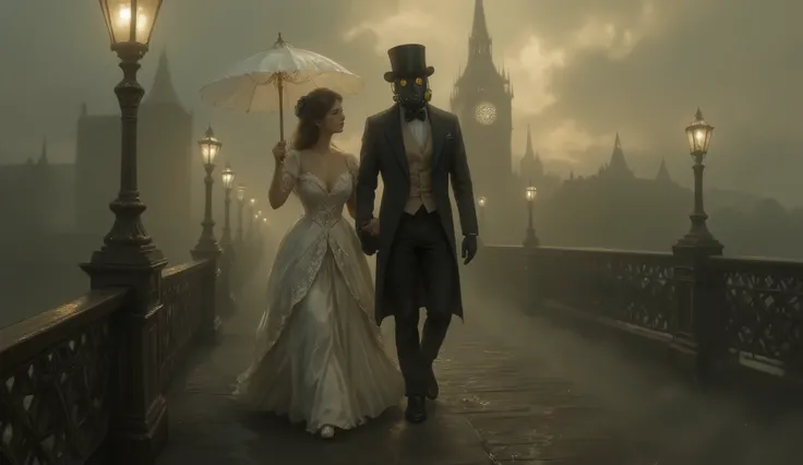 A Victorian-era couple walking on a foggy city bridge, the woman wearing an elegant lace-trimmed gown and holding a delicate parasol, while the man wears a formal suit, top hat, and a gas mask. The scene is set in a moody, vintage atmosphere, with muted to...
