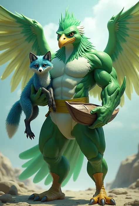  Draw a strong and warrior pyriquito with a human body, in 3d and in the colors green and white , holding a blue fox and boat in 3D for the price 