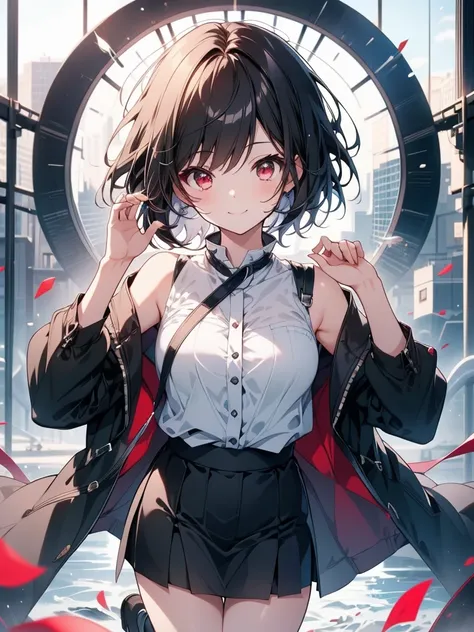 masterpiece, highest quality, highest quality, (no text), Beautiful and aesthetic:1.2),no text,anime、break,anime、break、 one girl、 Dark Haired Girl Short Hair 　 Slit Eyes Boyish 　adult　 beautiful eyes　red eyes, cool smile　 skirt　　 Black Coat　Full Body Outdo...