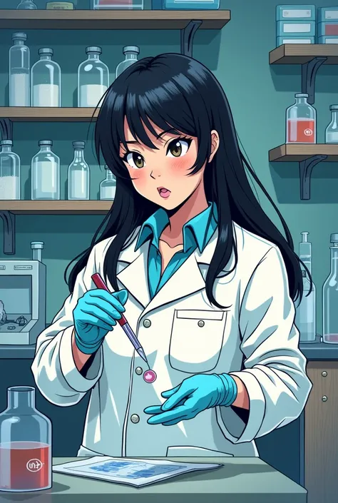  Manga-style drawing of a girl scientist about 37 years old, chubby and with long hair , smooth and dark, researching plasmids in her laboratory 