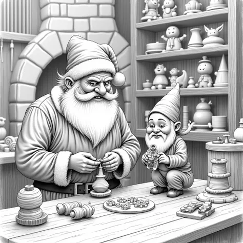 santa claus and gnome who make toys, pencil drawing black and white