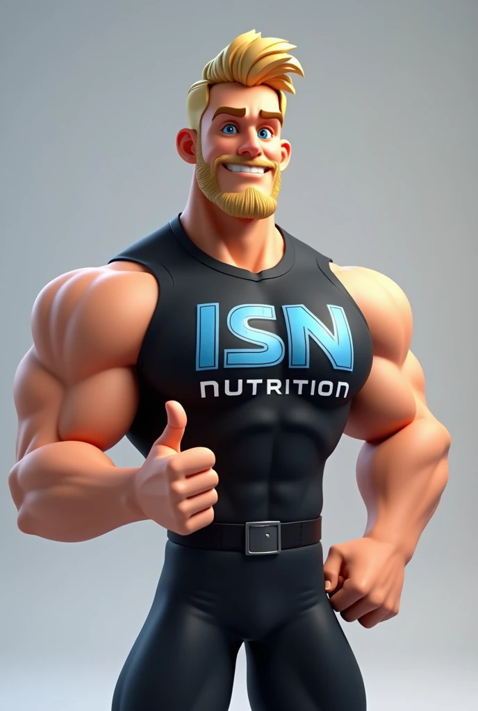 **"Create a highly realistic 3D cartoon character of a man representing the ISN Nutrition brand. He is tall, muscular, and well-defined, with light skin and striking blue eyes. His hair is blond, cut very short in a military style, with a neatly trimmed sh...