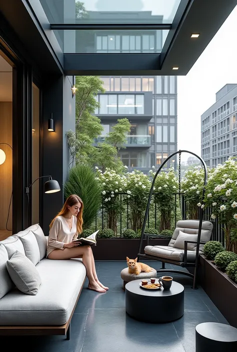 Design of a balcony with a size of 3 meters by 3 meters for an apartment of 100 meters on the third floor is an apartment complex  in the city and  balcony from the interior of the apartment in a modern and minimalist style with movable glass ceiling all o...