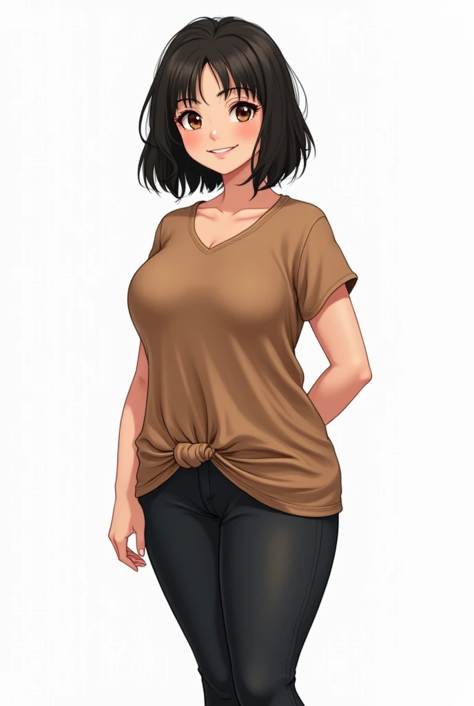 Drawing with white background, Teachers clothes 

2- Ivonety :,  short chubby brunette black hair and leggings and brown hair