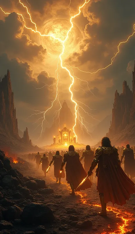 A dark battlefield illuminated by lightning cutting through the sky. Angelic figures in golden armor, wielding flaming swords, march towards a ruined city. The ground is marked by traces of destruction, burned trees, and rivers of lava. In the distance, a ...