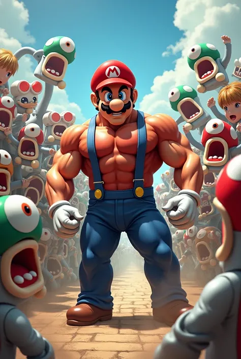 Mario but hes really buff and hes fighting an army of skibidi toilets