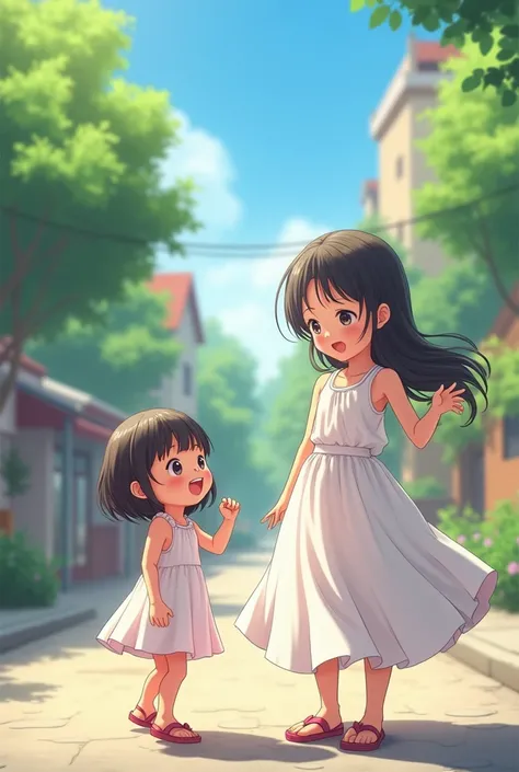 Sunny at noon, (girl 1.5) A boy is on the side of the street, the street is the background, the man is wearing a white dress, the background is outdoors, the expression is particularly happy, the expression of excitement, the euphoria is a close-up, the le...