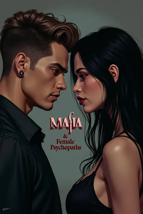 } A digital illustration depicting the two main characters in a realistic artistic style.  On the left ,  a strong-looking young man with short brown hair ,  piercings in the ears ,  and sharp gaze .  On the right ,  a beautiful woman with long black hair ...