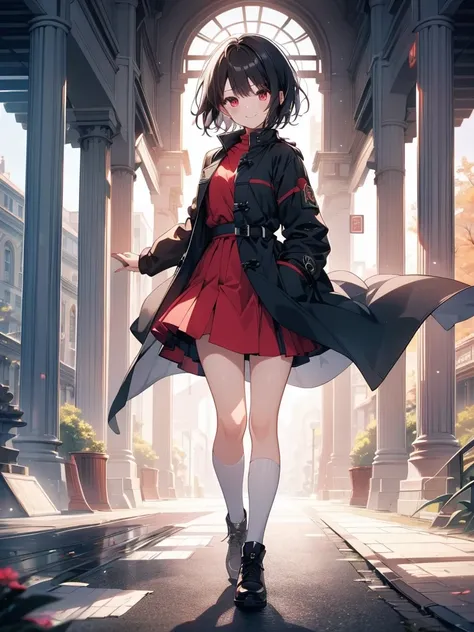 masterpiece, highest quality, highest quality, (no text), Beautiful and aesthetic:1.2),no text,anime、break,anime、break、 one girl、 Dark Haired Girl Short Hair 　 Slit Eyes Boyish 　adult　 beautiful eyes　red eyes, cool smile　 skirt　　 Black Coat　Full Body Outdo...