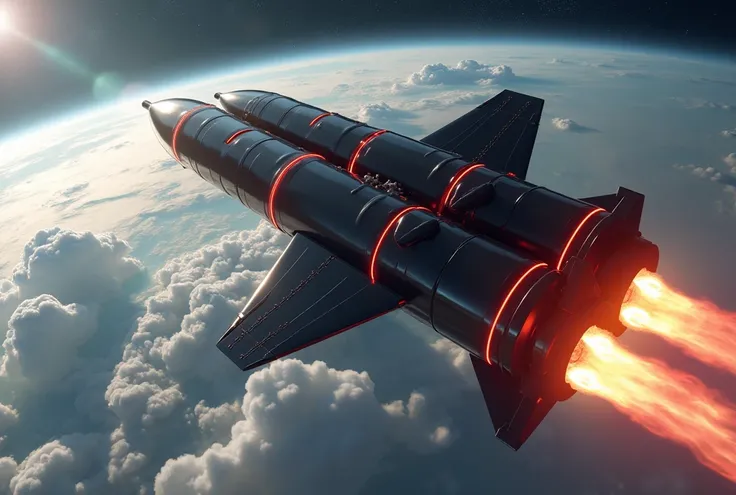 A 4K resolution 3D rendering of an evil giant robot descending through Earths atmosphere at high speed. The robot, constructed entirely from black missiles, retains its sleek, glossy, and streamlined form, with the missile components forming the head, ches...