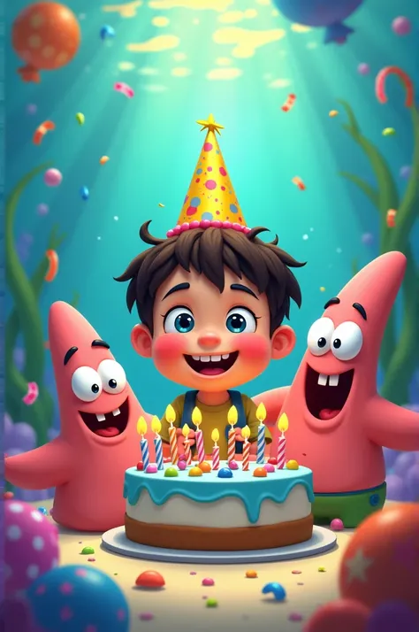 A  boy , smiling,very happy,  celebrating his birthday, Bob esponja, Patrick, seabed