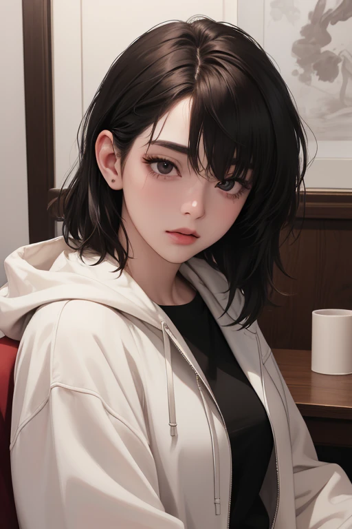 (front below view) ((upper body)) (((masterpiece)), best quality, 8K resolution, Semi-realistic, cinematic lighting, beautiful detailed eyes),cute, 1 woman,korean,25-year-old,((Blunt bangs)) medium straight hair, black eyes, digital art,detailed clothes, h...